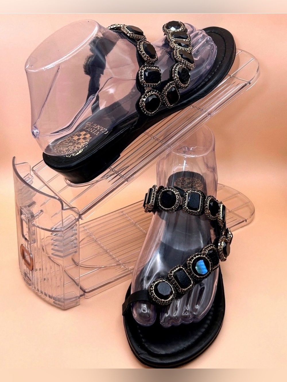 Vince Camuto Black Leather Jeweled Thong Sandals Wedge Idoal 6.5W